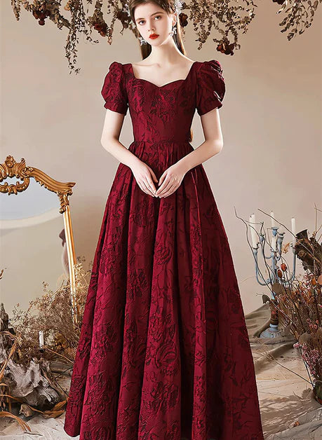 Wine Red Sweetheart Floral A-line Prom Dress